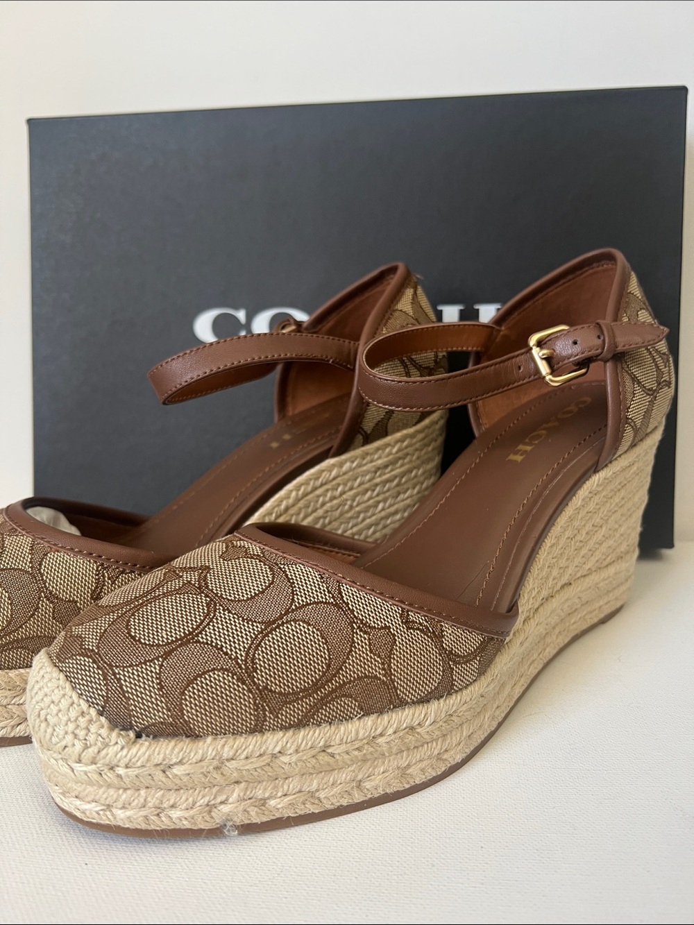NWT Coach Tan Signature Canvas Espadrille Wedge Sandals - Picture 3 of 13